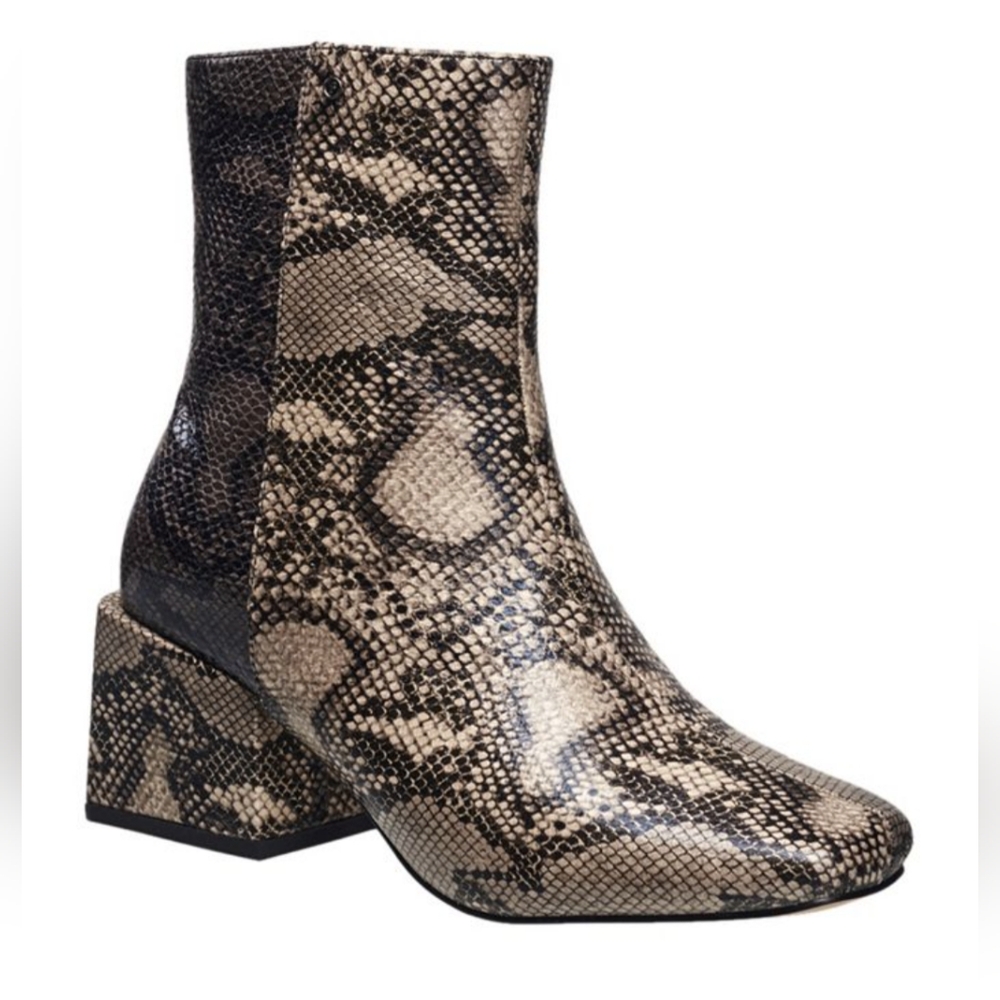FRENCH CONNECTION* Vegan leather Toni block heel snake print side zip boots